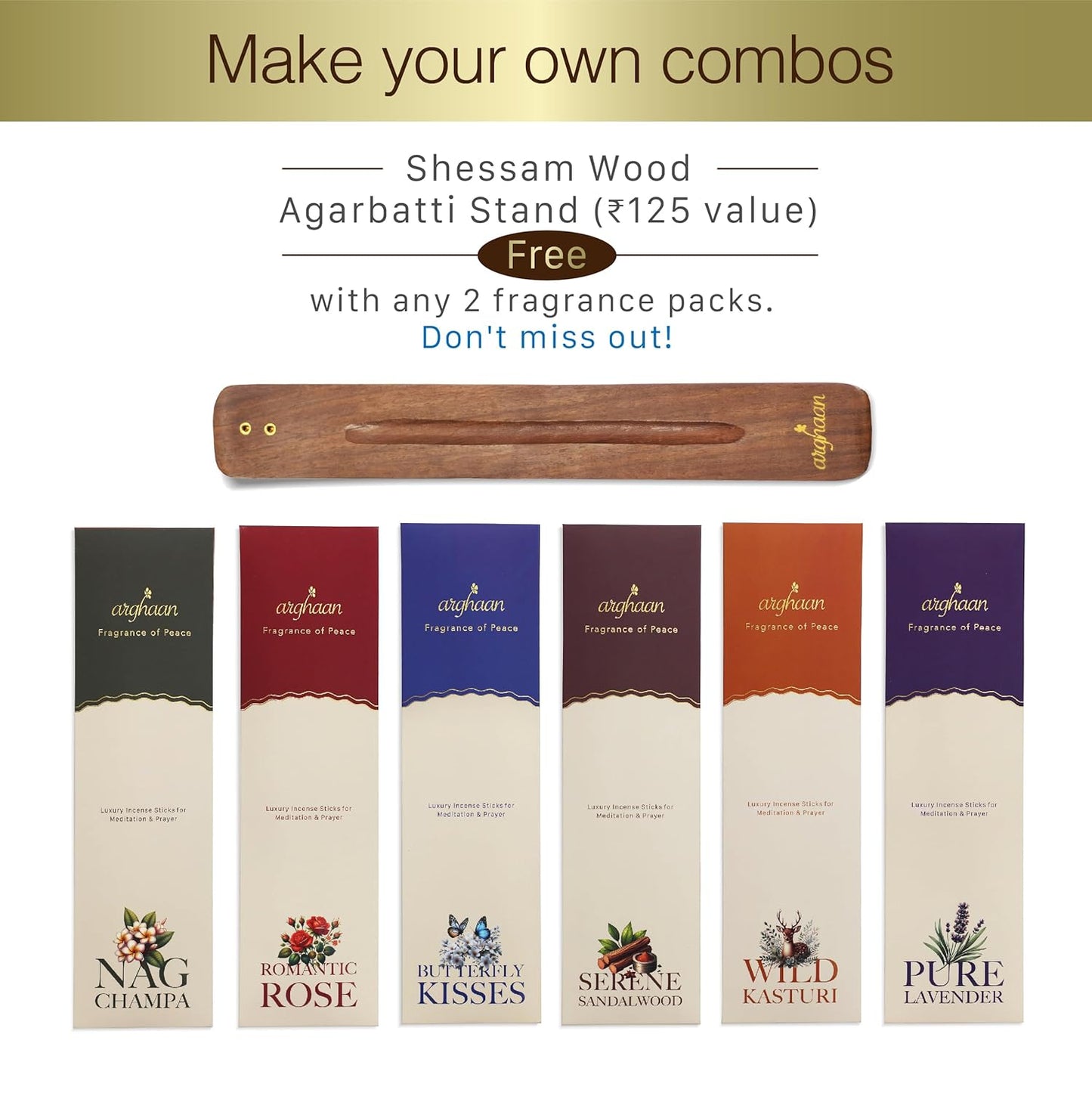 Arghaan Charcoal-Free Luxury Incense Sticks Combo – Butterfly Kisses & Nagchampa | Meditation, Prayer & Relaxation Incense for Home & Office | 54 Sticks (27x2) + Free Sheesham Wood Holder | Natural, Eco-Friendly, Low Smoke