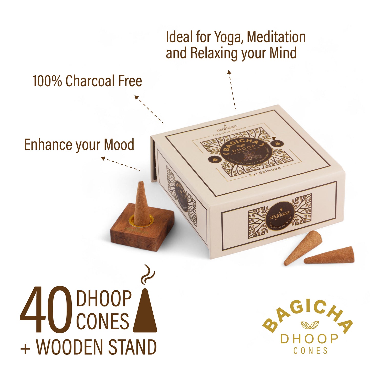 Bagicha, Sandalwood Dhoop Cones – 100% Charcoal-Free | Free- Wooden Stand | 40 Premium Dhoop Cones | Best for Pooja, Meditation & Relaxation | For Home, Office & Spiritual Calm