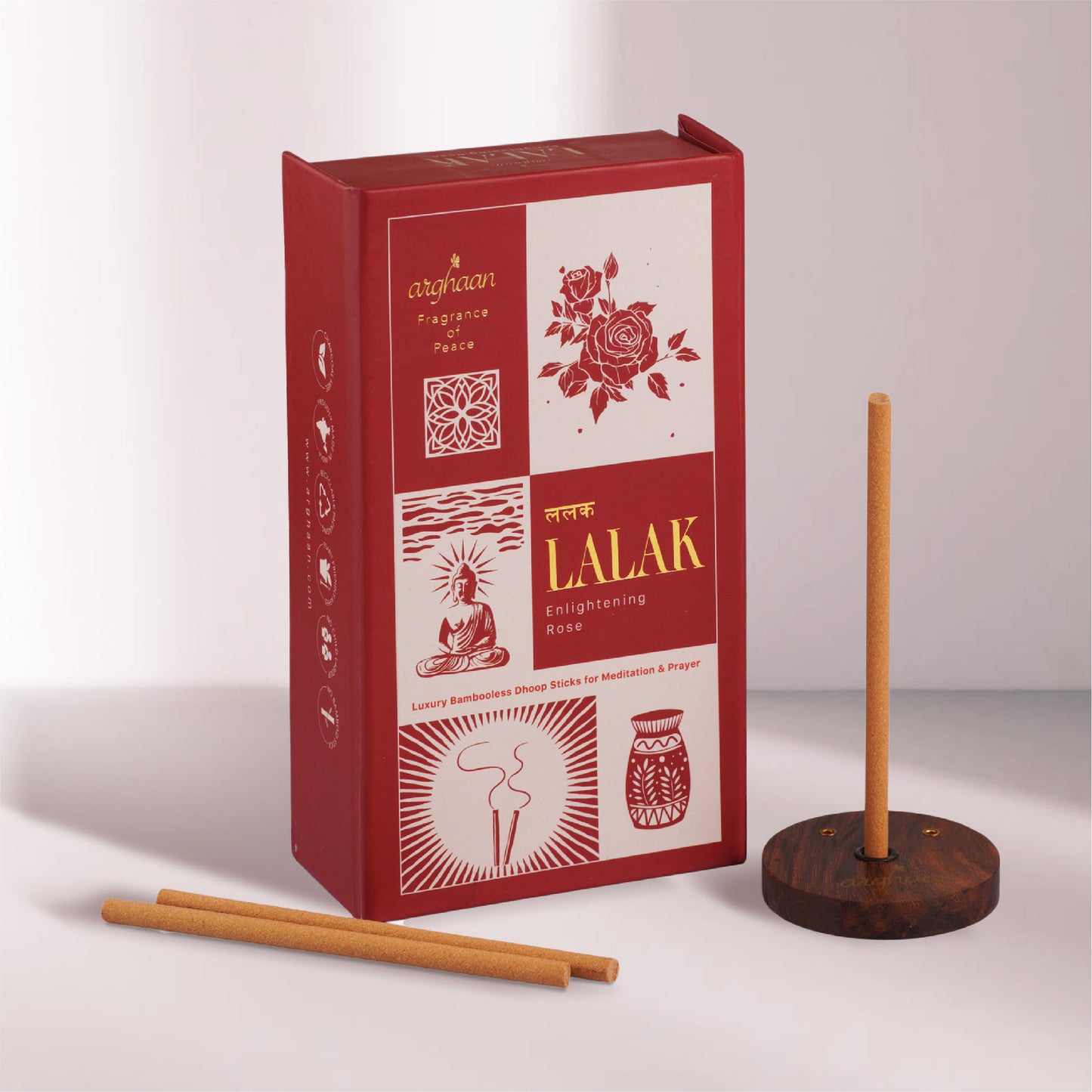 Lalak, Enlightening Rose (exotic aroma) Dhoop Sticks – 100% Charcoal-Free | Free- Wooden Stand | 30 Premium Dhoop sticks + a free refill pack of 30 Sticks | Best for Pooja, Meditation & Relaxation | Low Smoke Incense for Home & Spiritual Calm