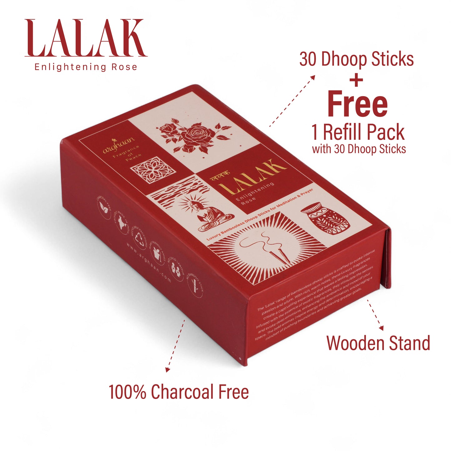 Lalak, Enlightening Rose (exotic aroma) Dhoop Sticks – 100% Charcoal-Free | Free- Wooden Stand | 30 Premium Dhoop sticks + a free refill pack of 30 Sticks | Best for Pooja, Meditation & Relaxation | Low Smoke Incense for Home & Spiritual Calm