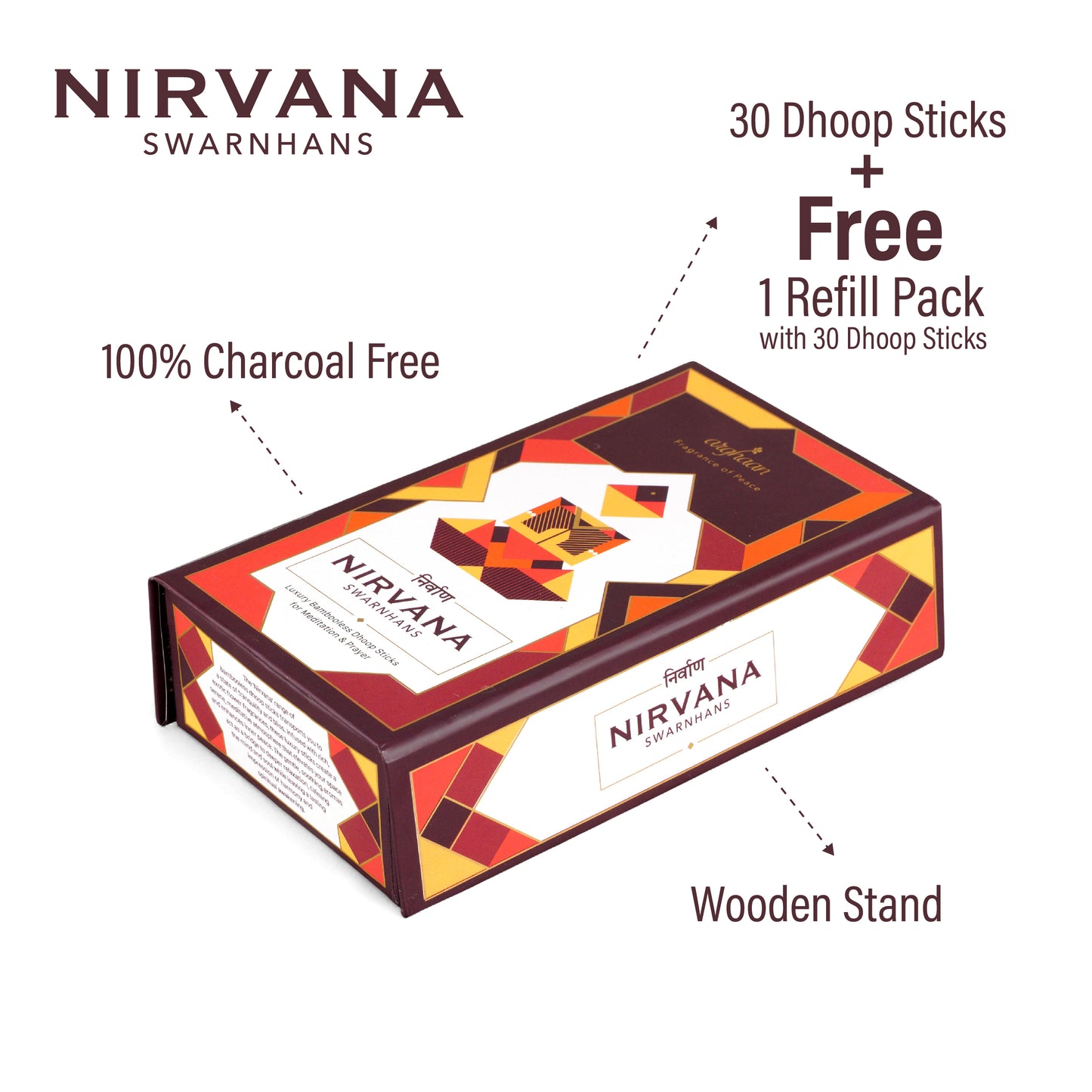 Nirvana, Swarnhans(exotic aroma) Dhoop Sticks – 100% Charcoal-Free | Free- Wooden Stand | 30 Premium Dhoop sticks + a free refill pack of 30 Sticks | Best for Pooja, Meditation & Relaxation | Low Smoke Incense for Home & Spiritual Calm