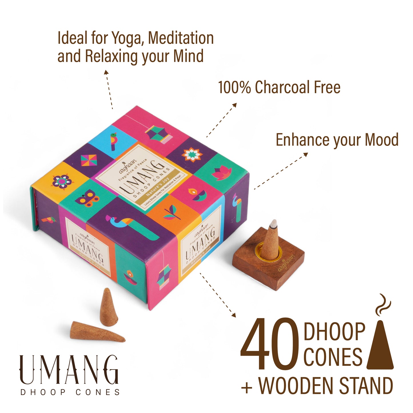 Umang, Nature's Joy Dhoop Cones – 100% Charcoal-Free | Free- Wooden Stand | 40 Premium Dhoop Cones | Best for Pooja, Meditation & Relaxation | For Home, Office & Spiritual Calm
