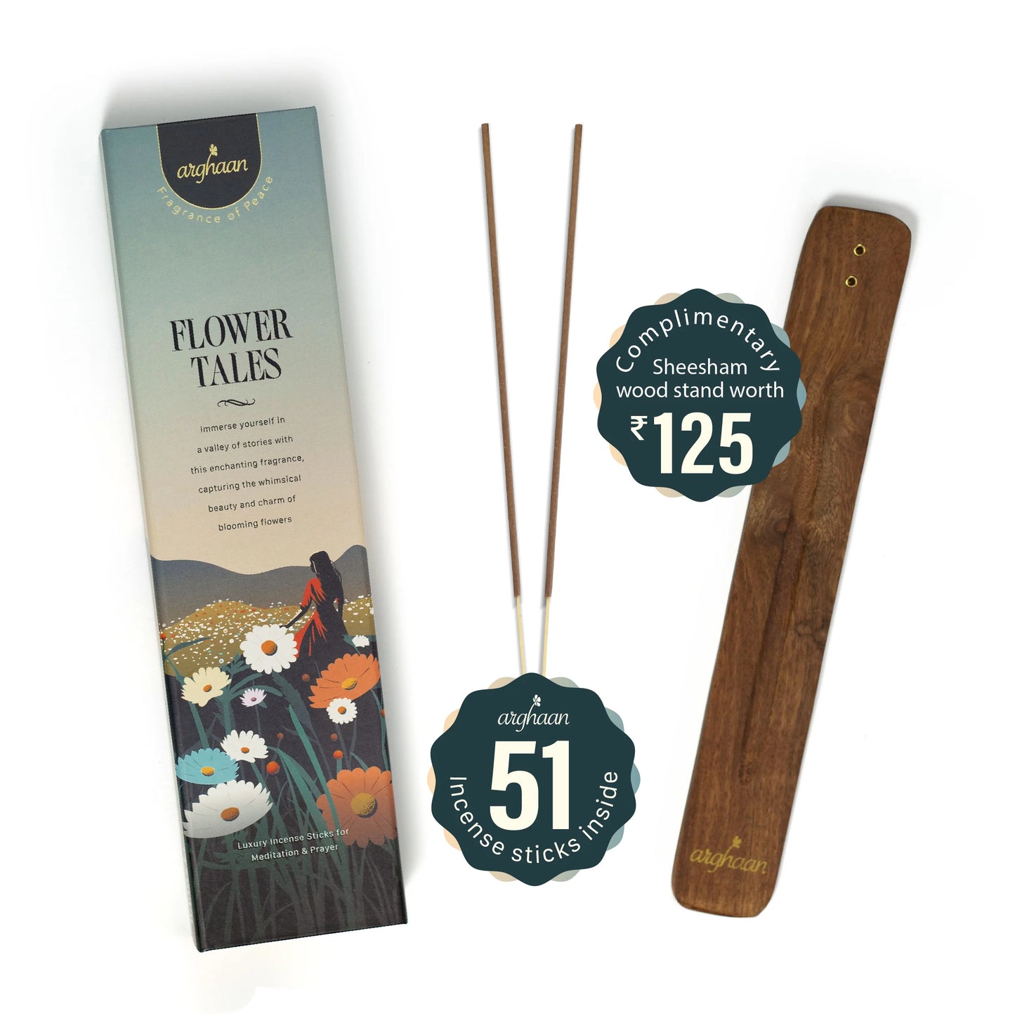 Flower Tales Luxury Incense Sticks – 100% Charcoal-Free | 51 Eco-Friendly Sticks for Pooja, Meditation, Prayer & Floral Tranquility | Low Smoke Natural Incense for Home & Relaxation