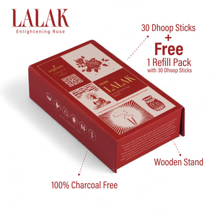 Lalak, Enlightening Rose (exotic aroma) Dhoop Sticks – 100% Charcoal-Free | Free- Wooden Stand | 30 Premium Dhoop sticks + a free refill pack of 30 Sticks |  Best for Pooja, Meditation & Relaxation | Low Smoke  Incense for Home & Spiritual Calm