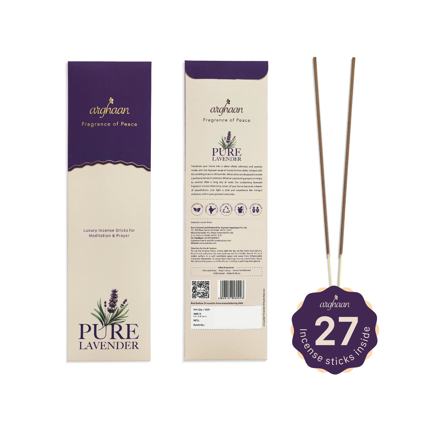 Pure Lavender Premium Incense Sticks – 100% Charcoal-Free | 27 Eco-Friendly Sticks for Pooja, Meditation, Prayer & Relaxation | Low Smoke Natural Lavender Incense for Home & Spiritual Calm