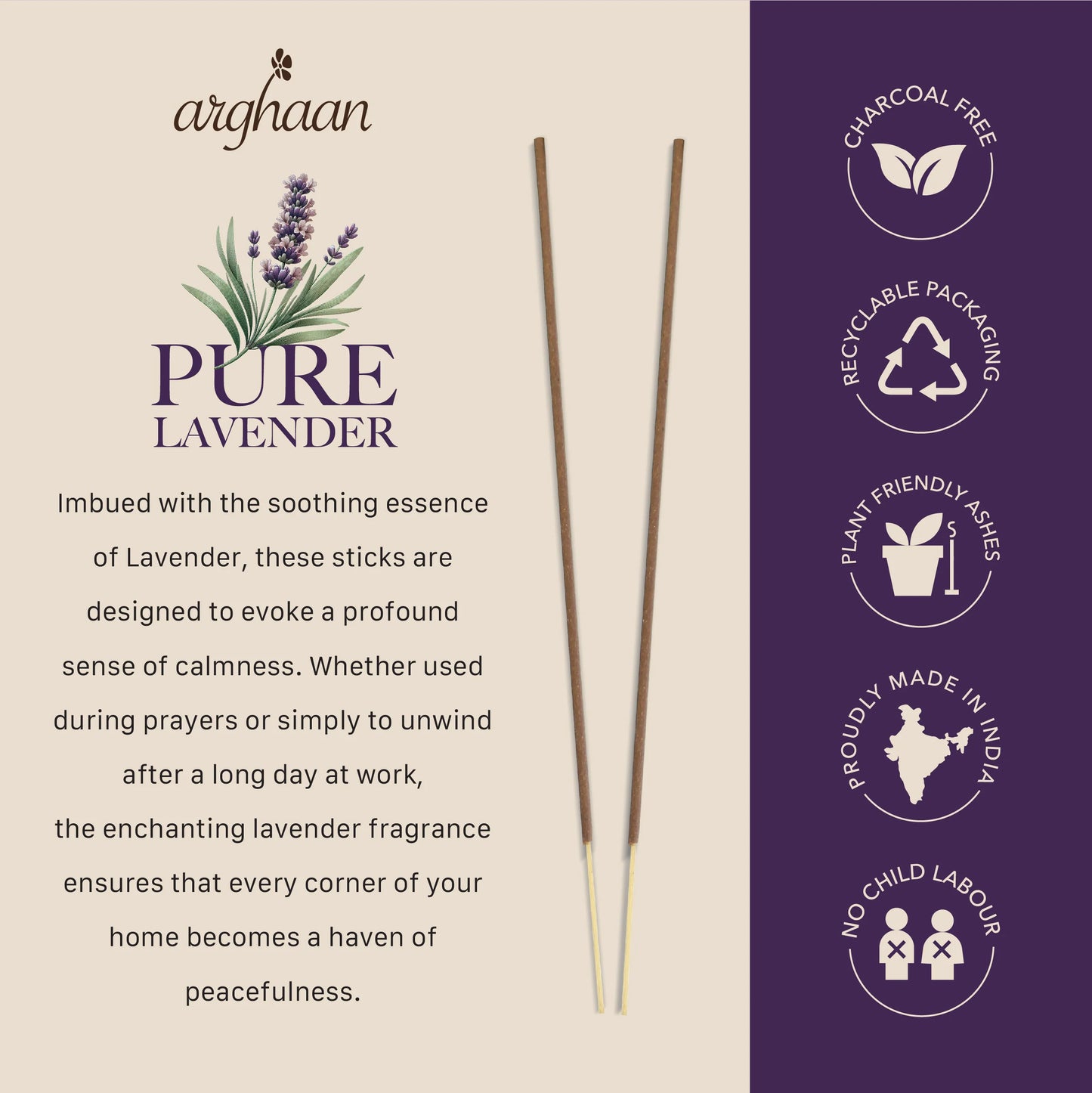 Pure Lavender Premium Incense Sticks – 100% Charcoal-Free | 27 Eco-Friendly Sticks for Pooja, Meditation, Prayer & Relaxation | Low Smoke Natural Lavender Incense for Home & Spiritual Calm