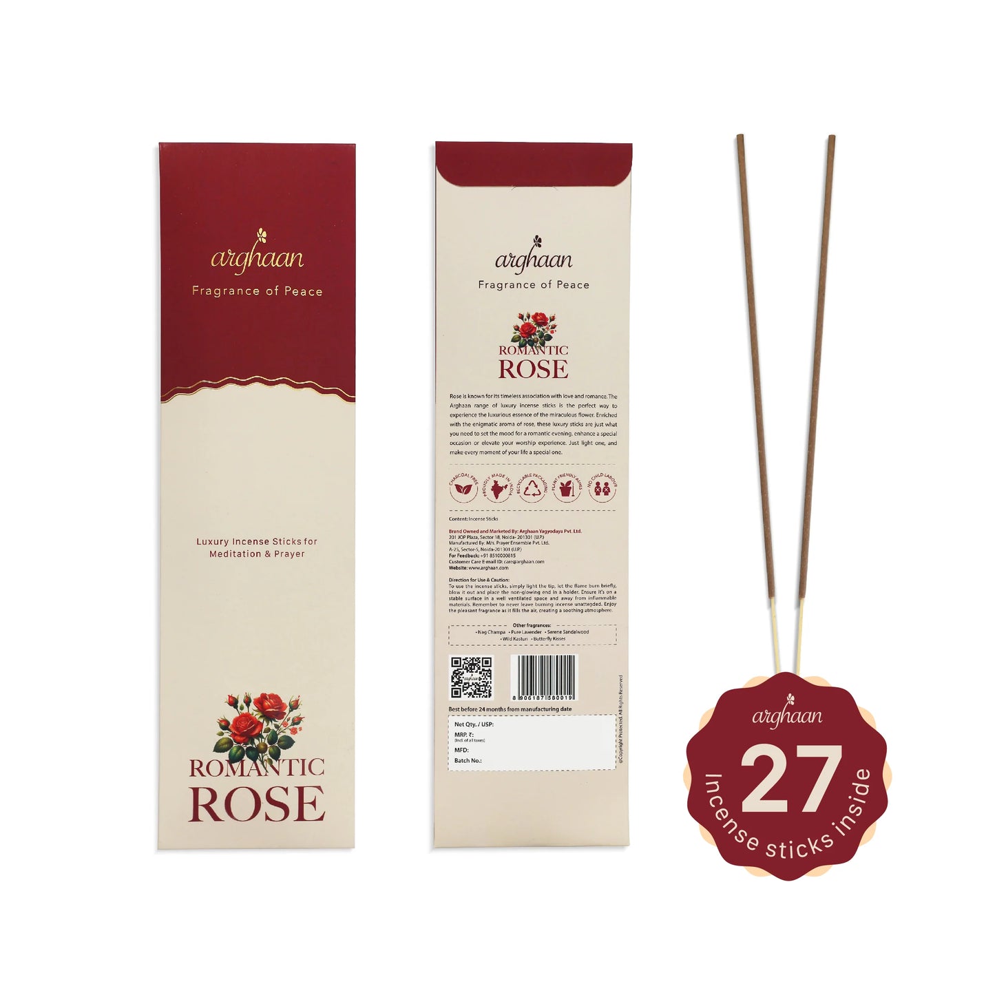 Romantic Rose Premium Incense Sticks – 100% Charcoal-Free | 27 Eco-Friendly Sticks for Pooja, Meditation, Prayer & Relaxation | Low Smoke Natural Rose Incense for Home & Spiritual Ambiance
