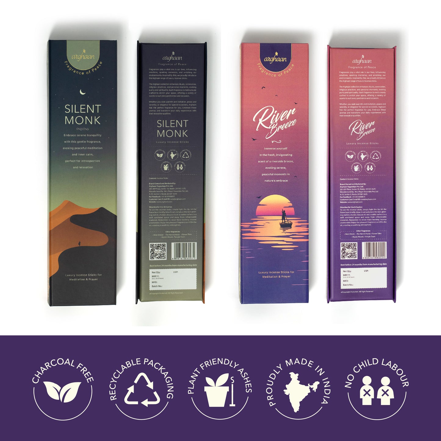 Premium Aromatic Agarbatti for Home & Office | For Meditation & Prayer | Free Sheesham Wood Stand (Silent Monk & River Breeze, Pack of 2)