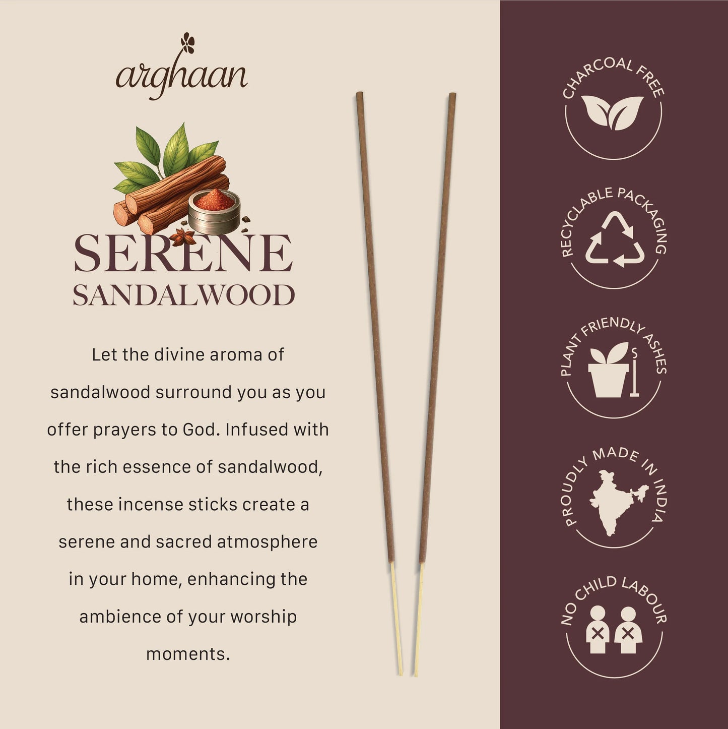 Serene Sandalwood Premium Incense Sticks – 100% Charcoal-Free | 27 Eco-Friendly Sticks for Pooja, Meditation, Prayer & Relaxation | Low Smoke Natural Sandalwood Incense for Home & Spiritual Calm