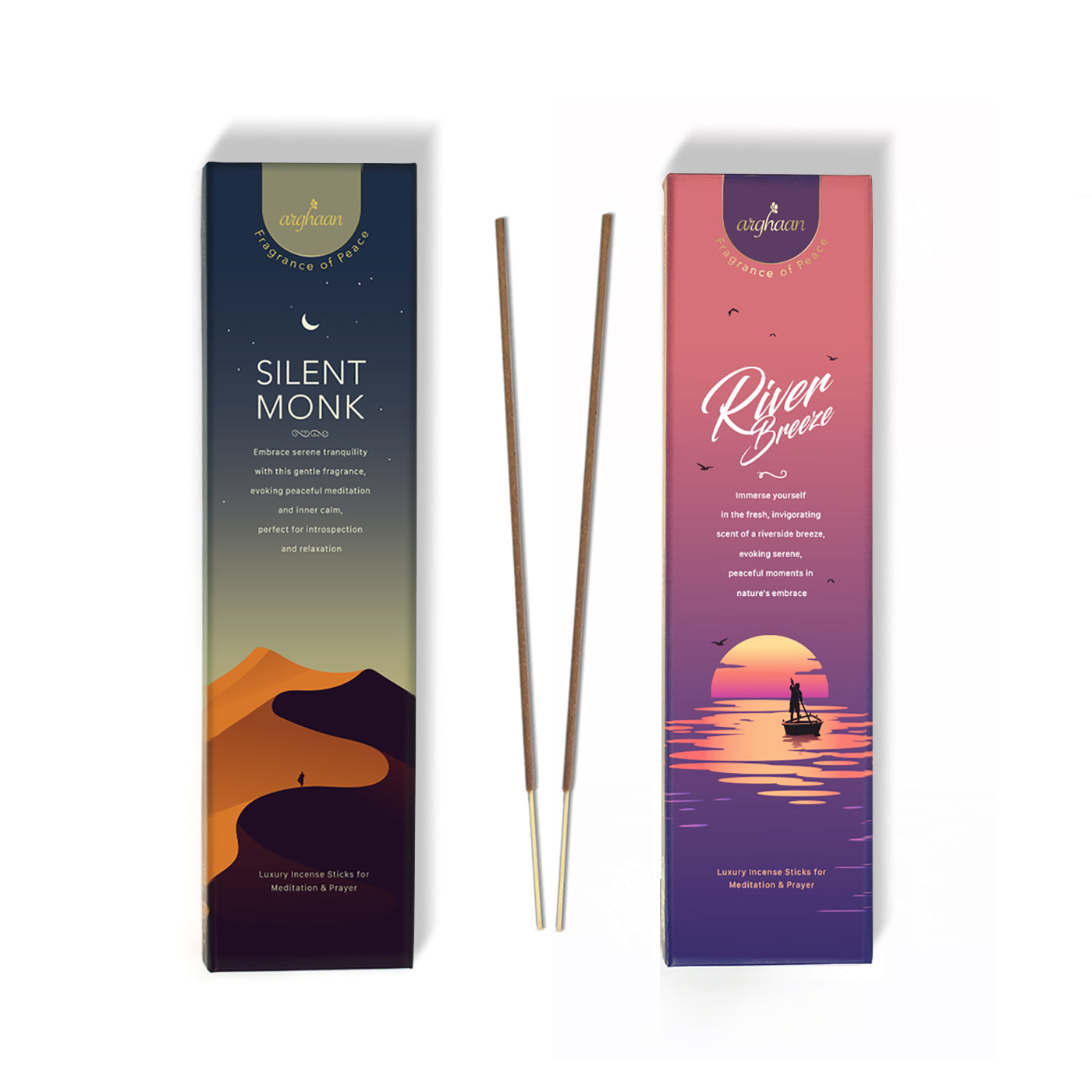 Premium Aromatic Agarbatti for Home & Office | For Meditation & Prayer | Free Sheesham Wood Stand (Silent Monk & River Breeze, Pack of 2)