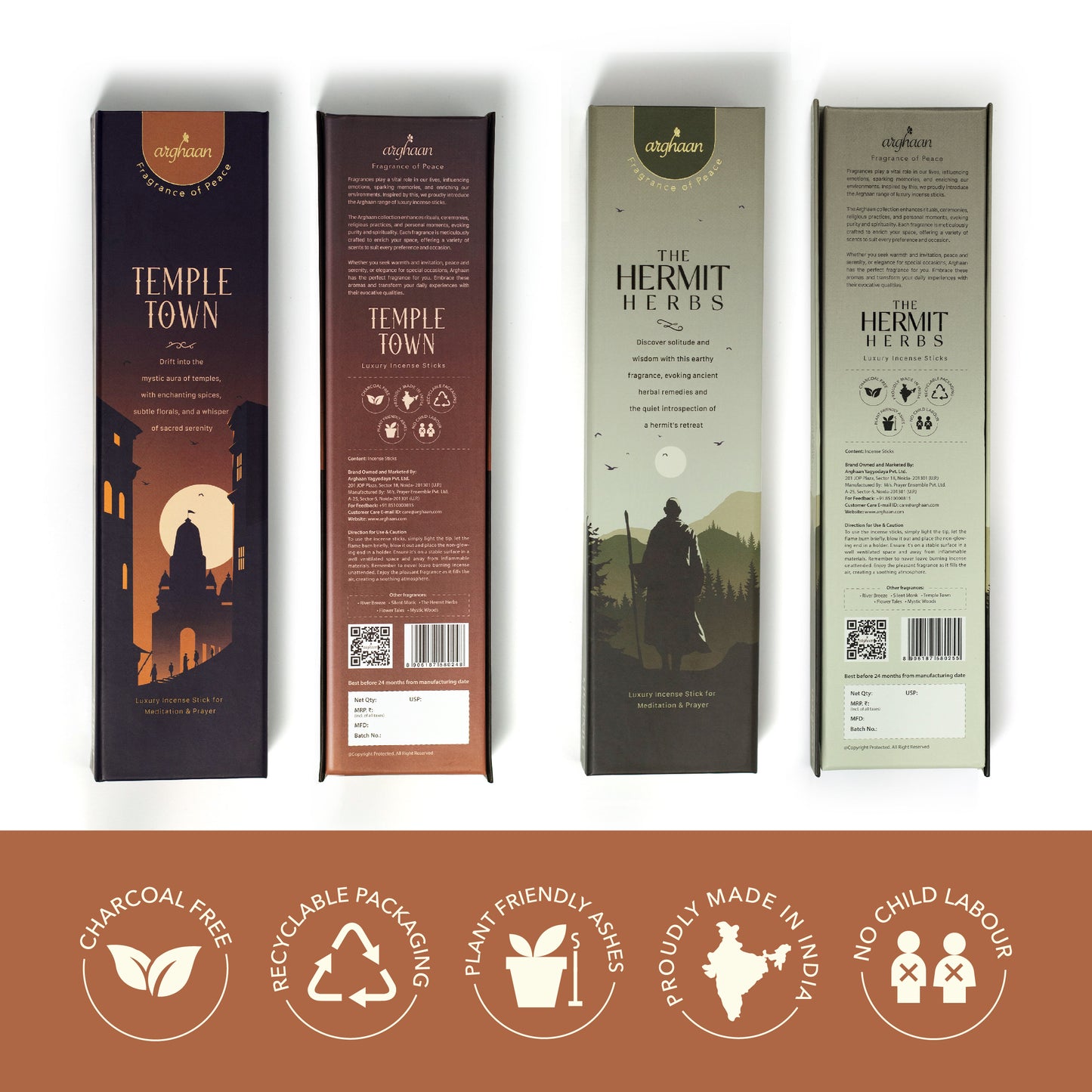 Premium Aromatic Agarbatti for Home & Office | For Meditation & Prayer | Free Sheesham Wood Stand (Temple Town & Hermit Herbs, Pack of 2)