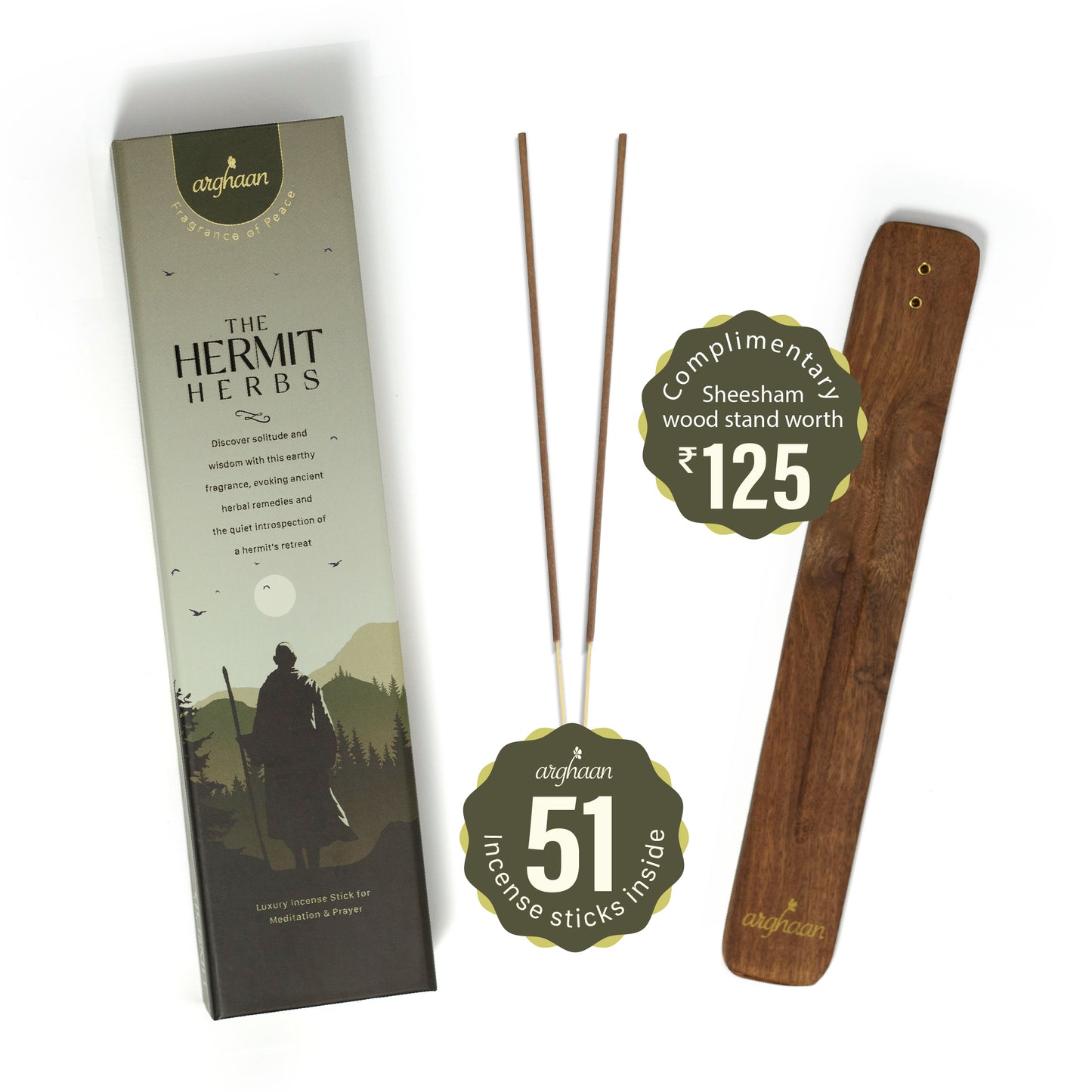 Premium Aromatic Agarbatti for Home & Office | For Meditation & Prayer | Free Sheesham Wood Stand (Temple Town & Hermit Herbs, Pack of 2)