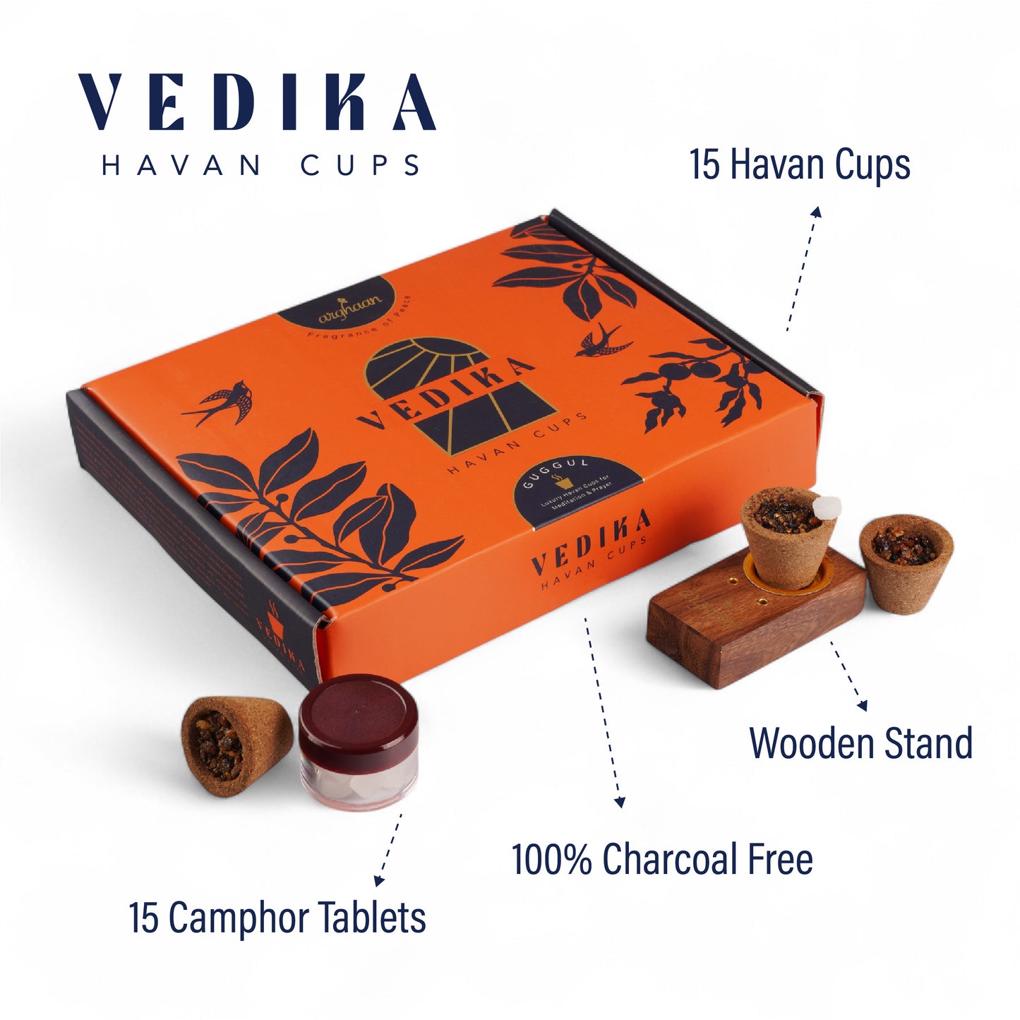 Vedika  Natural Guggul Havan Cups | 15 Havan Pcs +  15 camphor tablets + 1 Free Wooden Stand | Best for Pooja, meditation and air purification