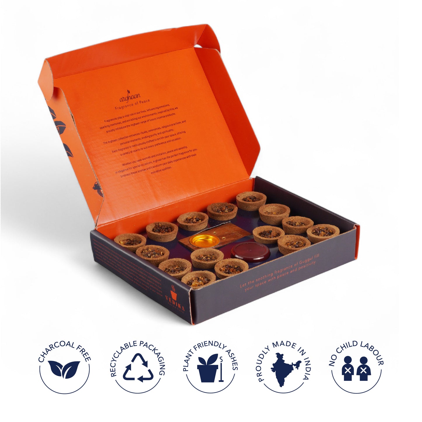 Vedika  Natural Guggul Havan Cups | 15 Havan Pcs +  15 camphor tablets + 1 Free Wooden Stand | Best for Pooja, meditation and air purification