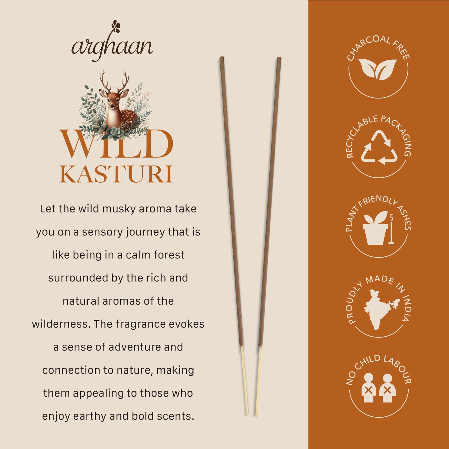 Wild Kasturi Premium Incense Sticks – 100% Charcoal-Free | 27 Eco-Friendly Sticks for Pooja, Meditation, Prayer & Earthy Tranquility | Low Smoke Natural Kasturi Incense for Home & Spiritual Calm