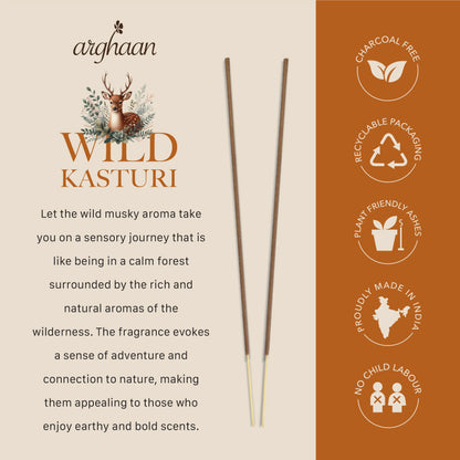 Wild Kasturi Premium Incense Sticks – 100% Charcoal-Free | 27 Eco-Friendly Sticks for Pooja, Meditation, Prayer & Earthy Tranquility | Low Smoke Natural Kasturi Incense for Home & Spiritual Calm