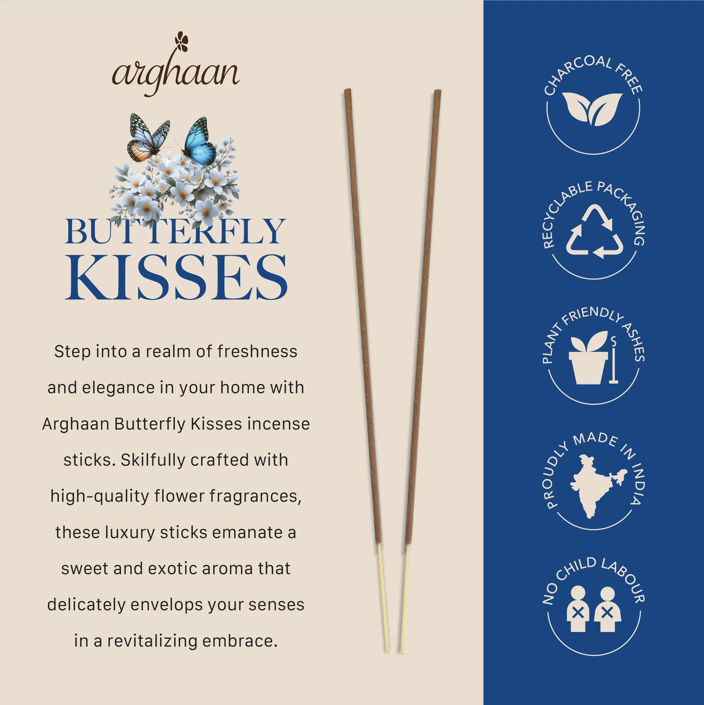 Butterfly Kisses Premium Incense Sticks – 100% Charcoal-Free | 27 Eco-Friendly Sticks for Pooja, Meditation, Prayer & Relaxation | Low Smoke Natural Sweet Incense for Home & Spiritual Calm