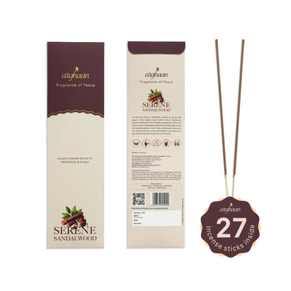 Serene Sandalwood Premium Incense Sticks – 100% Charcoal - Free | 27 Eco - Friendly Sticks for Pooja, Meditation, Prayer & Relaxation | Low Smoke Natural Sandalwood Incense for Home & Spiritual Calm - Incense Sticks