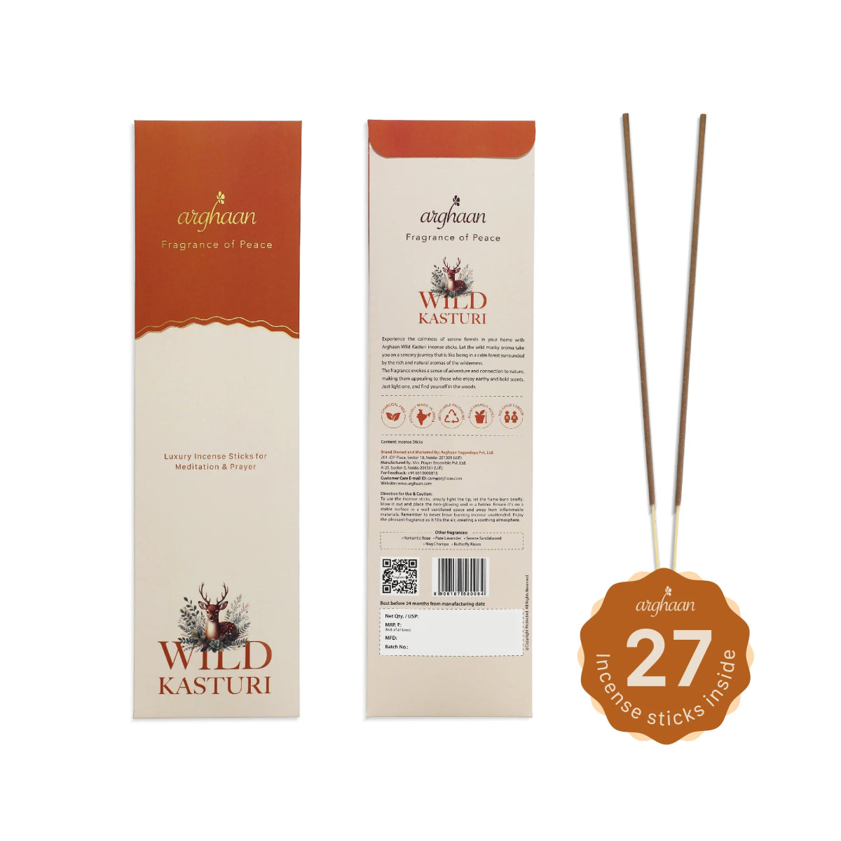 Wild Kasturi Premium Incense Sticks – 100% Charcoal - Free | 27 Eco - Friendly Sticks for Pooja, Meditation, Prayer & Earthy Tranquility | Low Smoke Natural Kasturi Incense for Home & Spiritual Calm - Incense Sticks