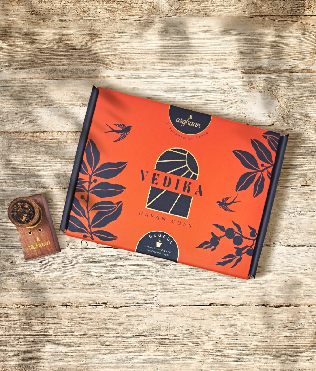 Vedika Natural Guggul Havan Cups | 15 Havan Pcs + 15 camphor tablets + 1 Free Wooden Stand | Best for Pooja, meditation and air purification - 