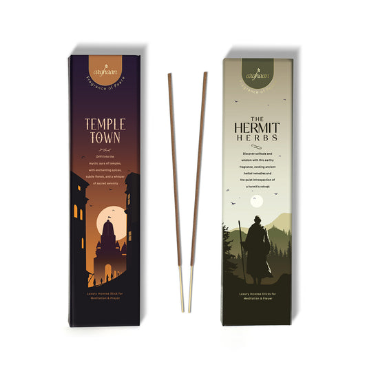 Premium Aromatic Agarbatti for Home & Office | For Meditation & Prayer | Free Sheesham Wood Stand (Temple Town & Hermit Herbs, Pack of 2)